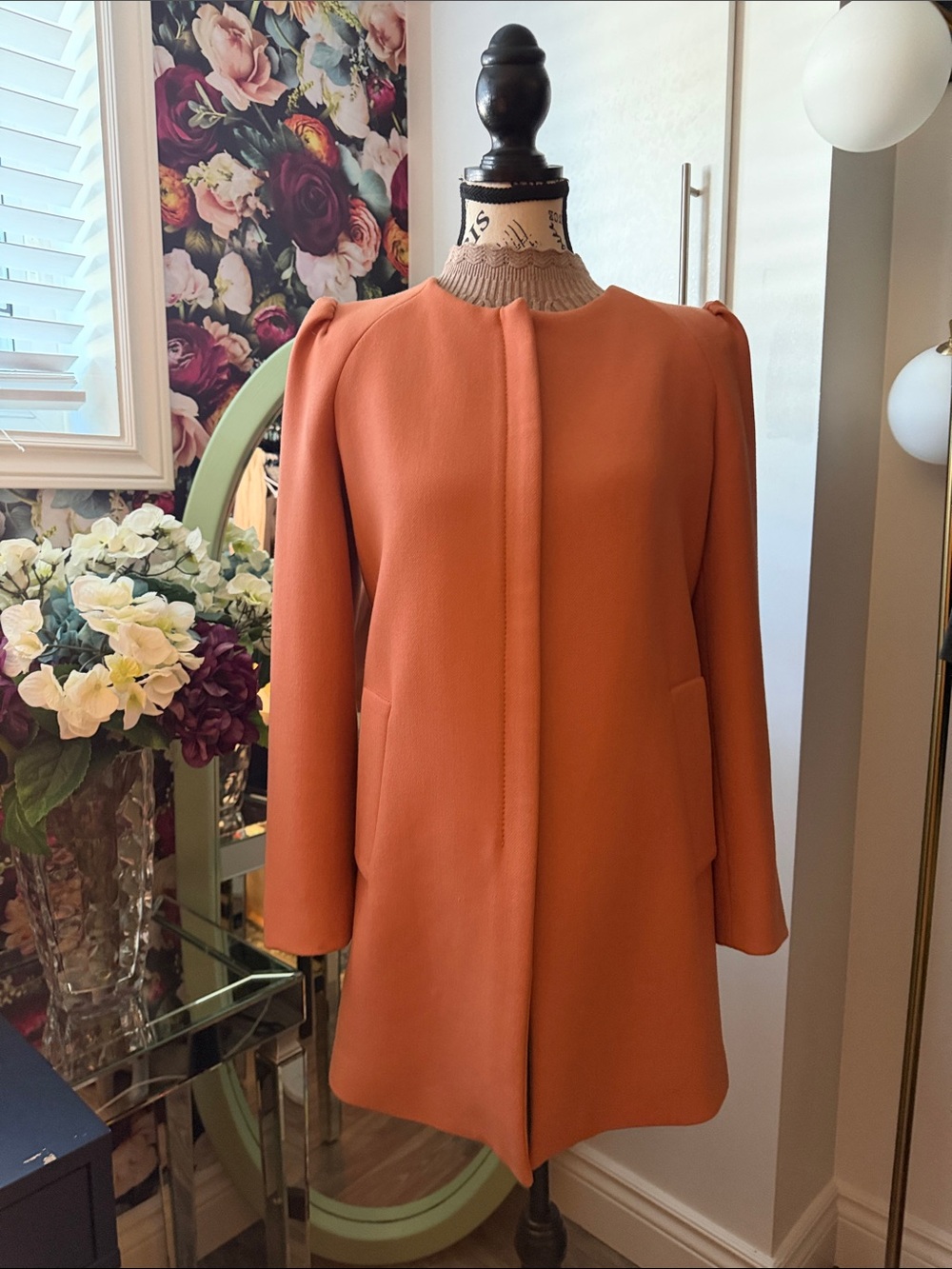 Zara Rust Orange Collarless A-Line Coat, in size L